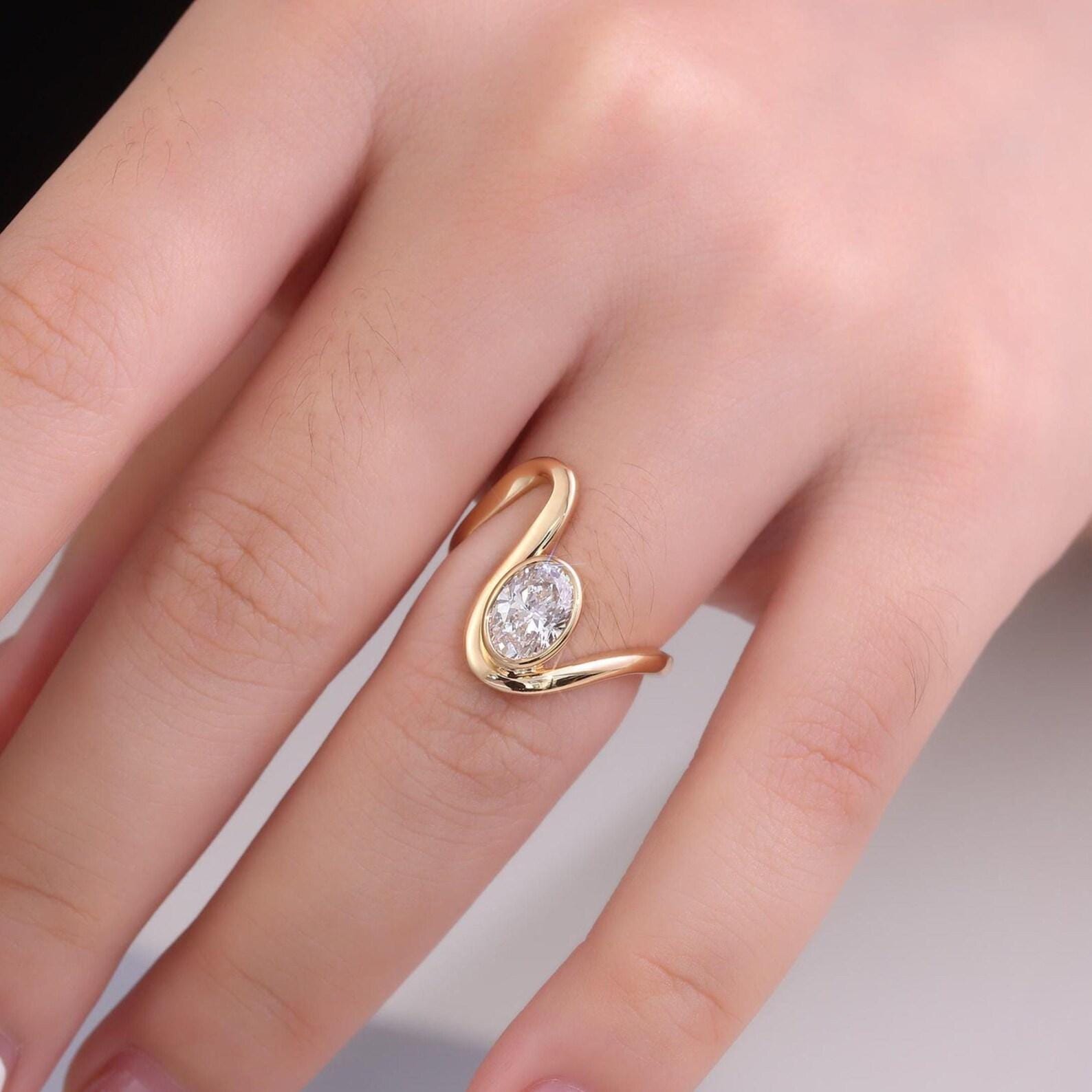 Oval Lab Diamond Swirl Engagement Ring | 14K Solid Gold Bezel Set, IGI Certified