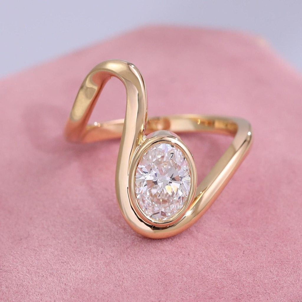 Oval Lab Diamond Swirl Engagement Ring | 14K Solid Gold Bezel Set, IGI Certified