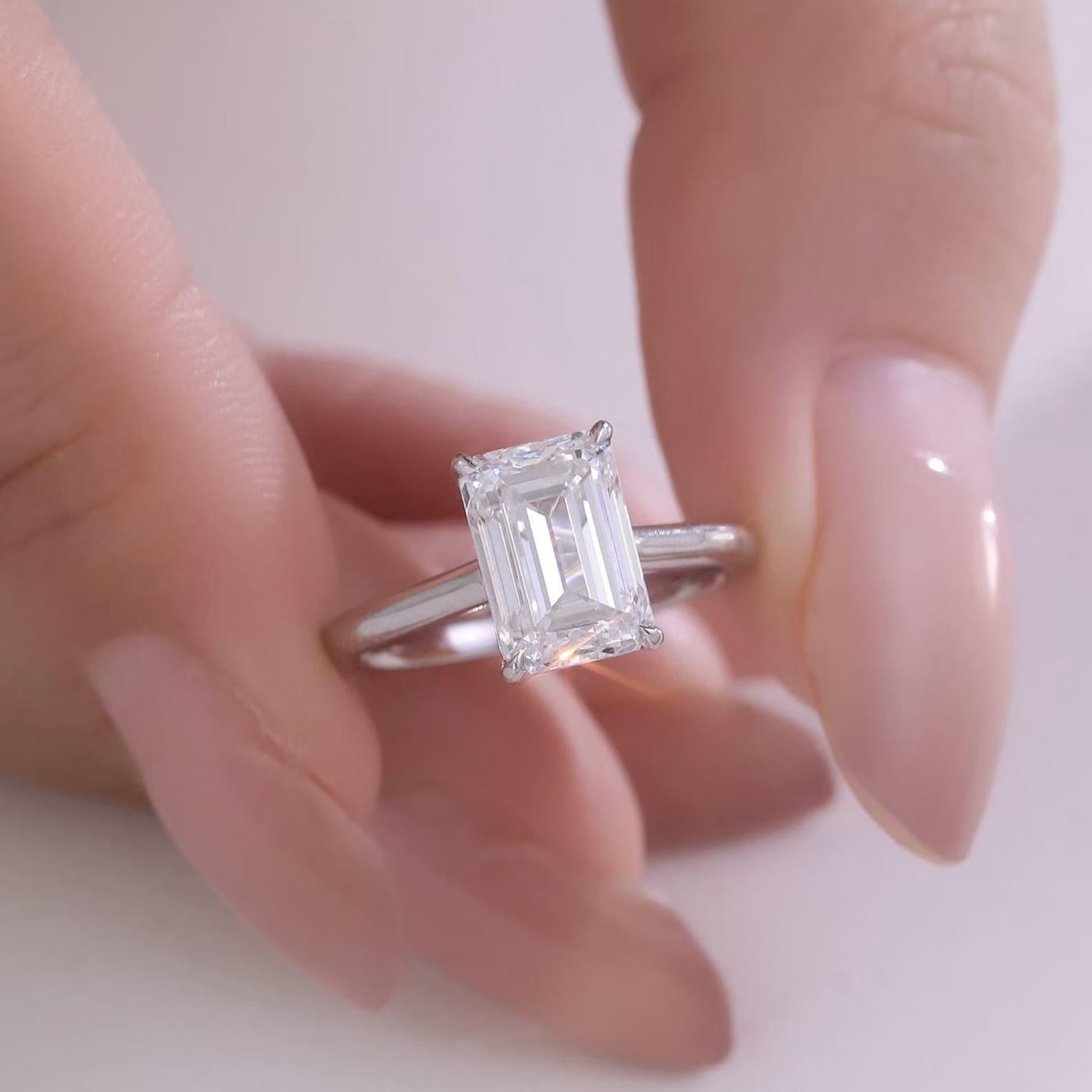 3CT Emerald Cut Lab Grown Diamond Engagement Ring | 14K Solid Gold Solitaire Ring
