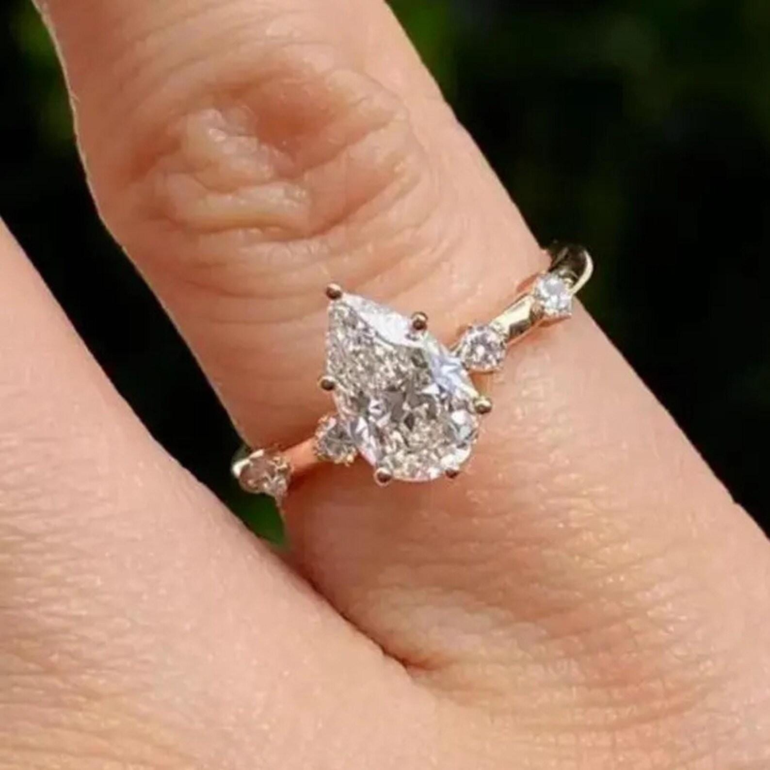 Pear Cut Lab Diamond Engagement Ring | 14K Solid Gold Minimalist Side Stone