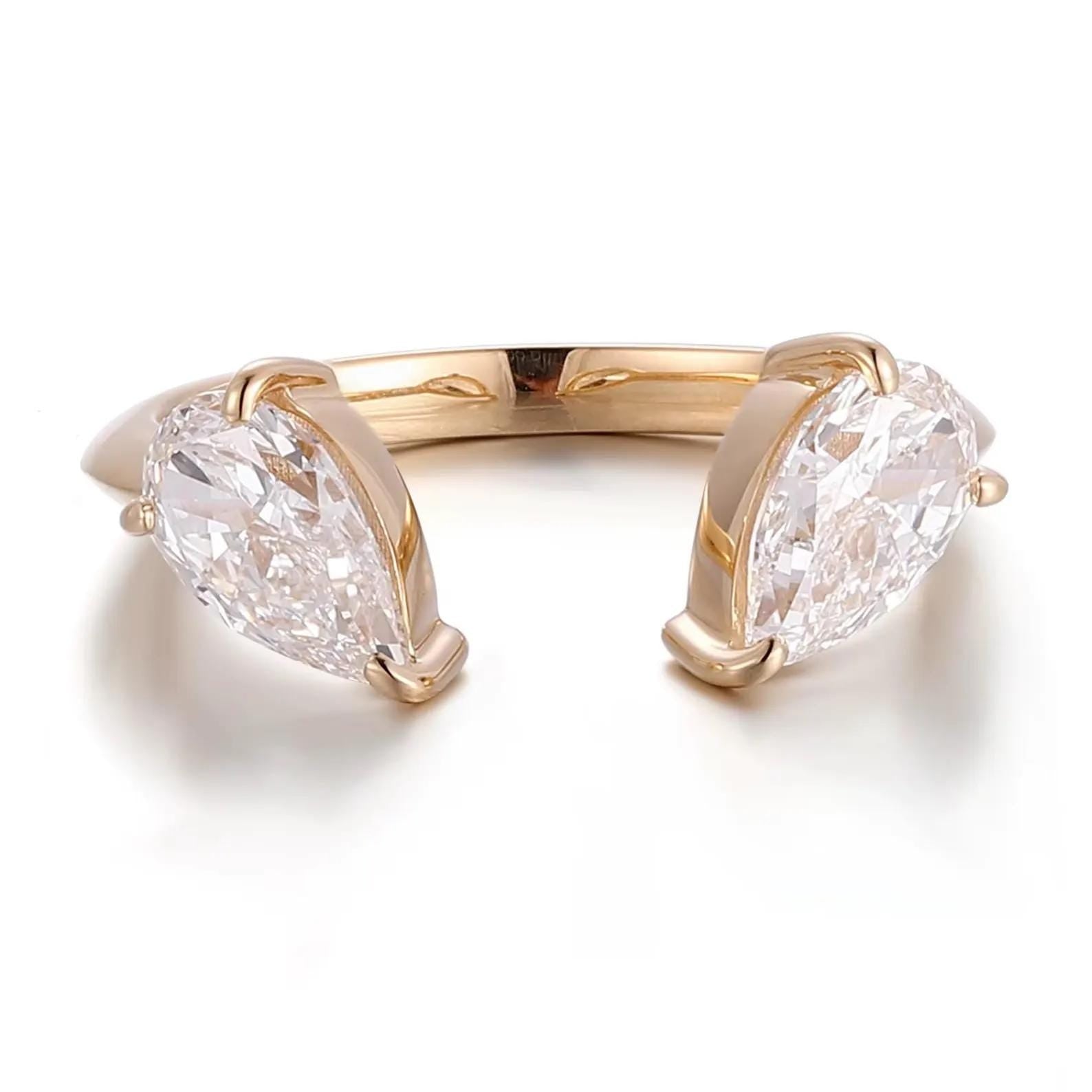 1.00CTW Pear Cut Lab Grown Diamond Open Cuff Ring | Toi et Moi 14K Gold