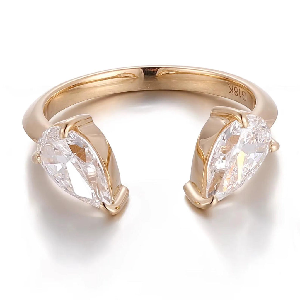 1.00CTW Pear Cut Lab Grown Diamond Open Cuff Ring | Toi et Moi 14K Gold