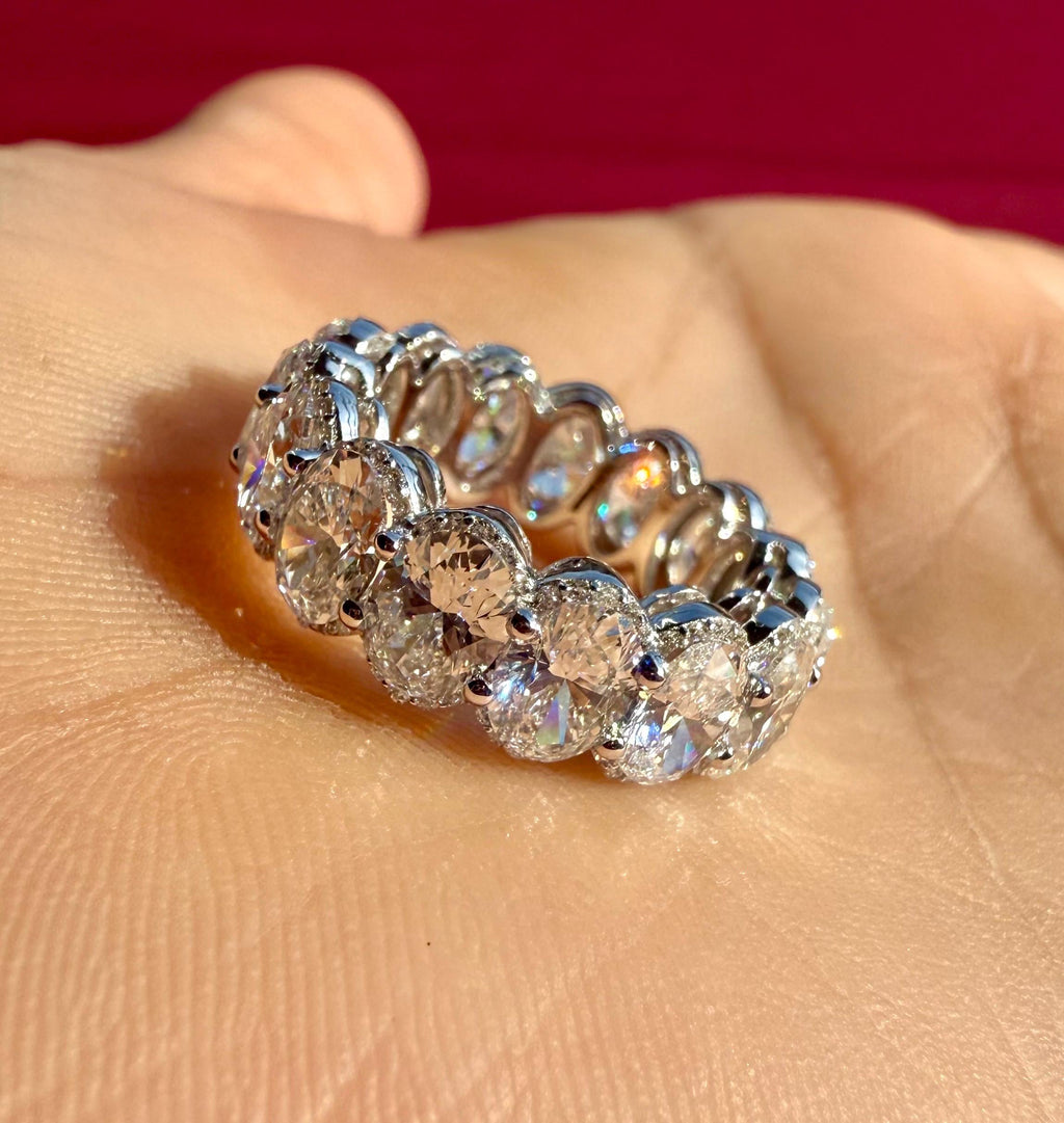 8CTW Oval Lab Grown Diamond Eternity Band | Hidden Halo Wedding Ring | 14K Solid Gold