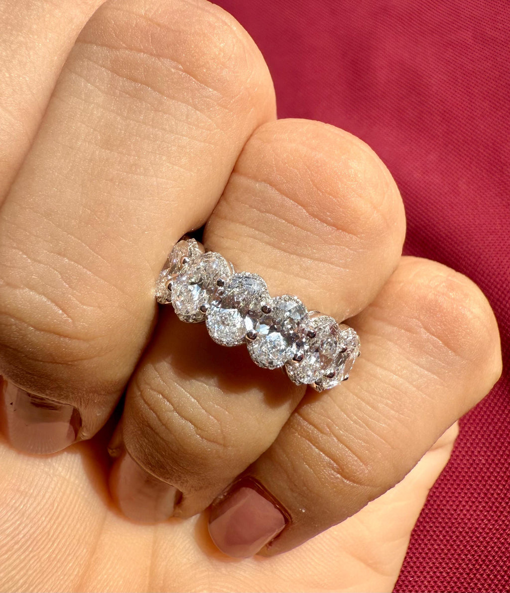 8CTW Oval Lab Grown Diamond Eternity Band | Hidden Halo Wedding Ring | 14K Solid Gold