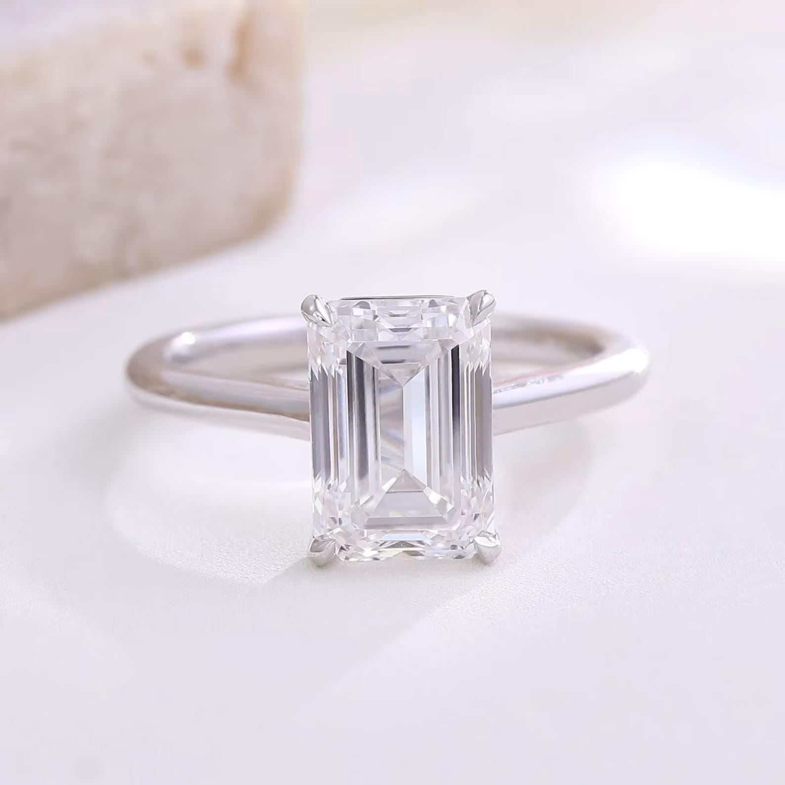 3CT Emerald Cut Lab Grown Diamond Engagement Ring | 14K Solid Gold Solitaire Ring