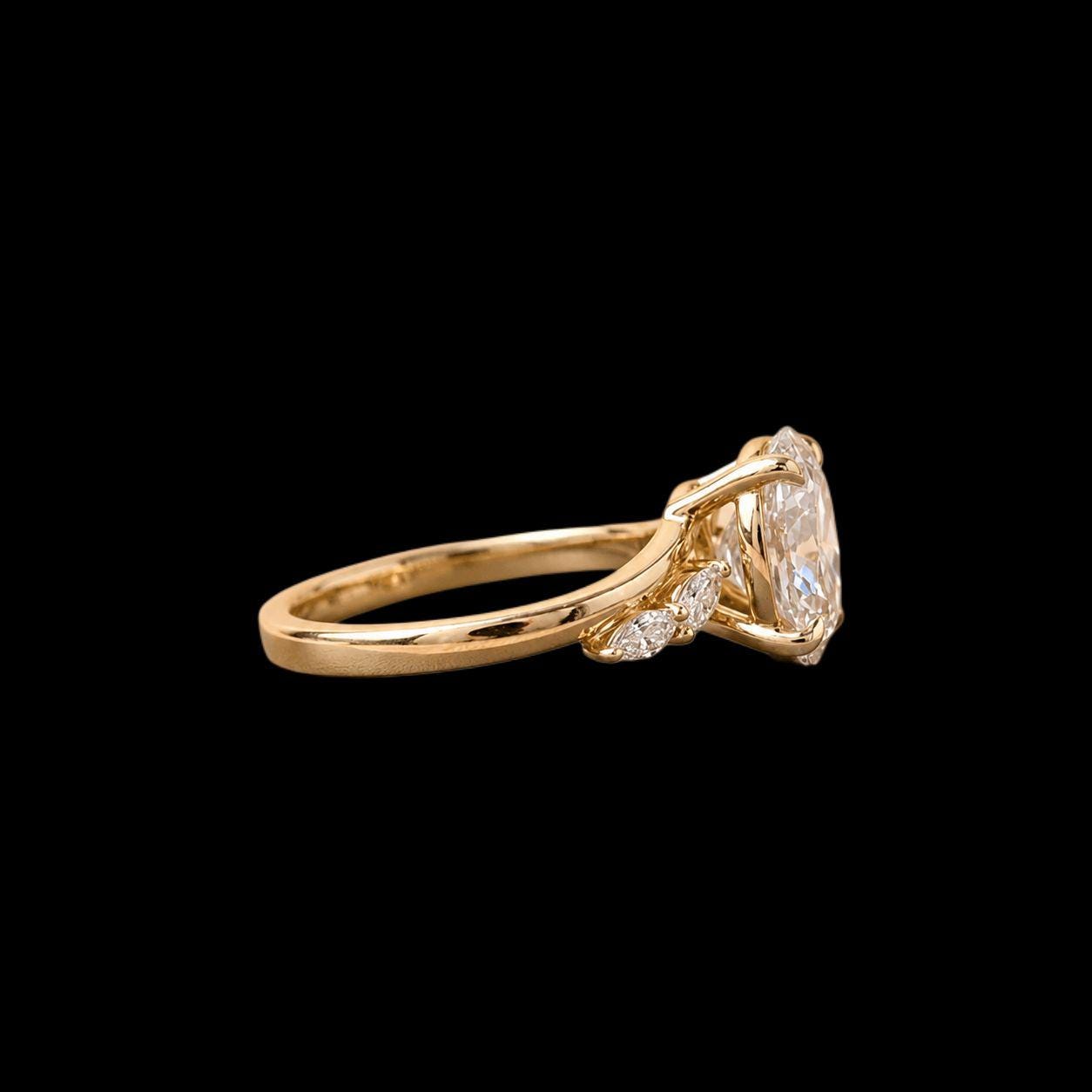 Oval Lab Grown Diamond Engagement Ring | Marquise Side Stones | 14K Gold | IGI Certified