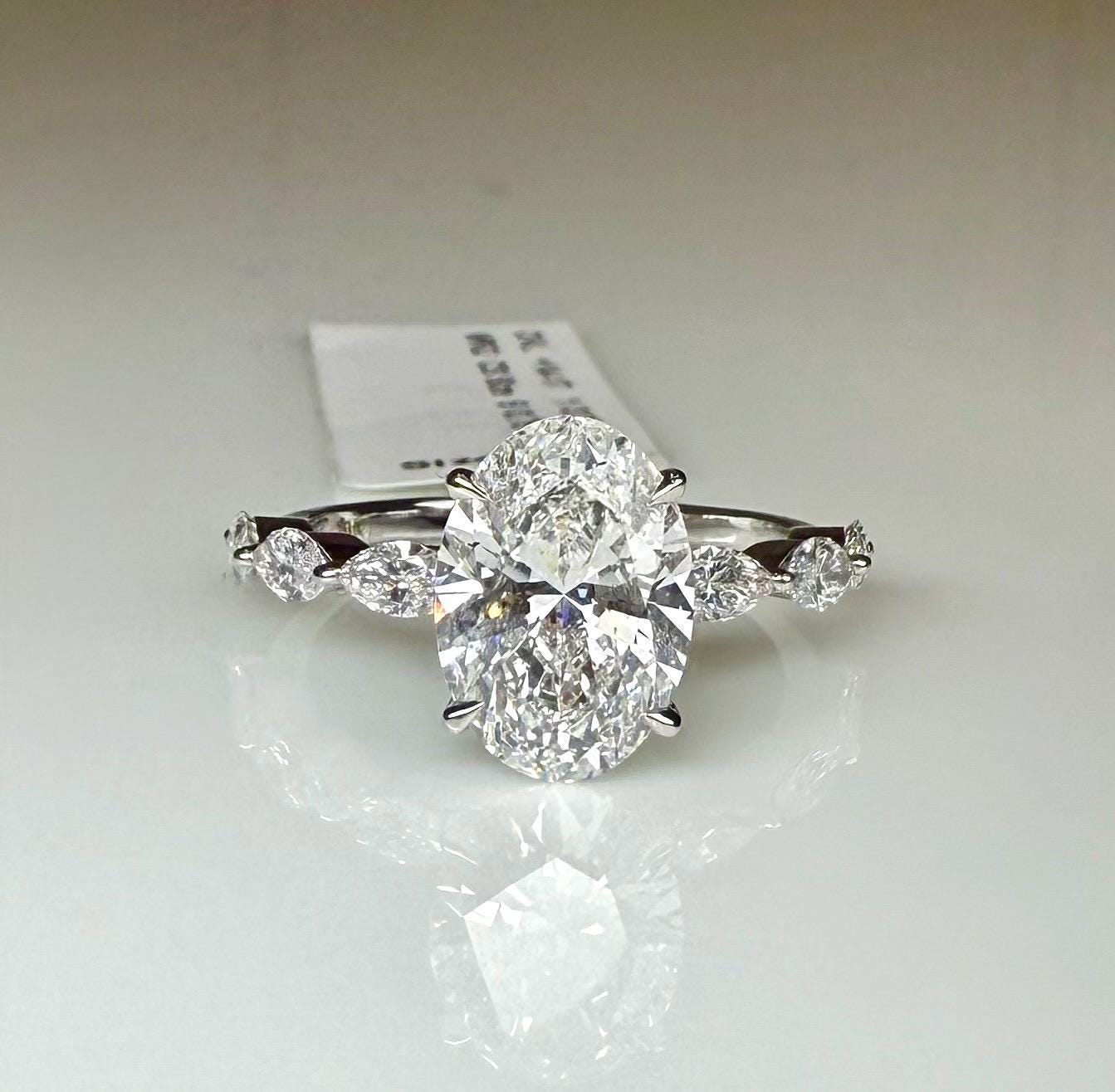 Oval Lab Grown Diamond Engagement Ring | Marquise Side Stones, 14K Gold