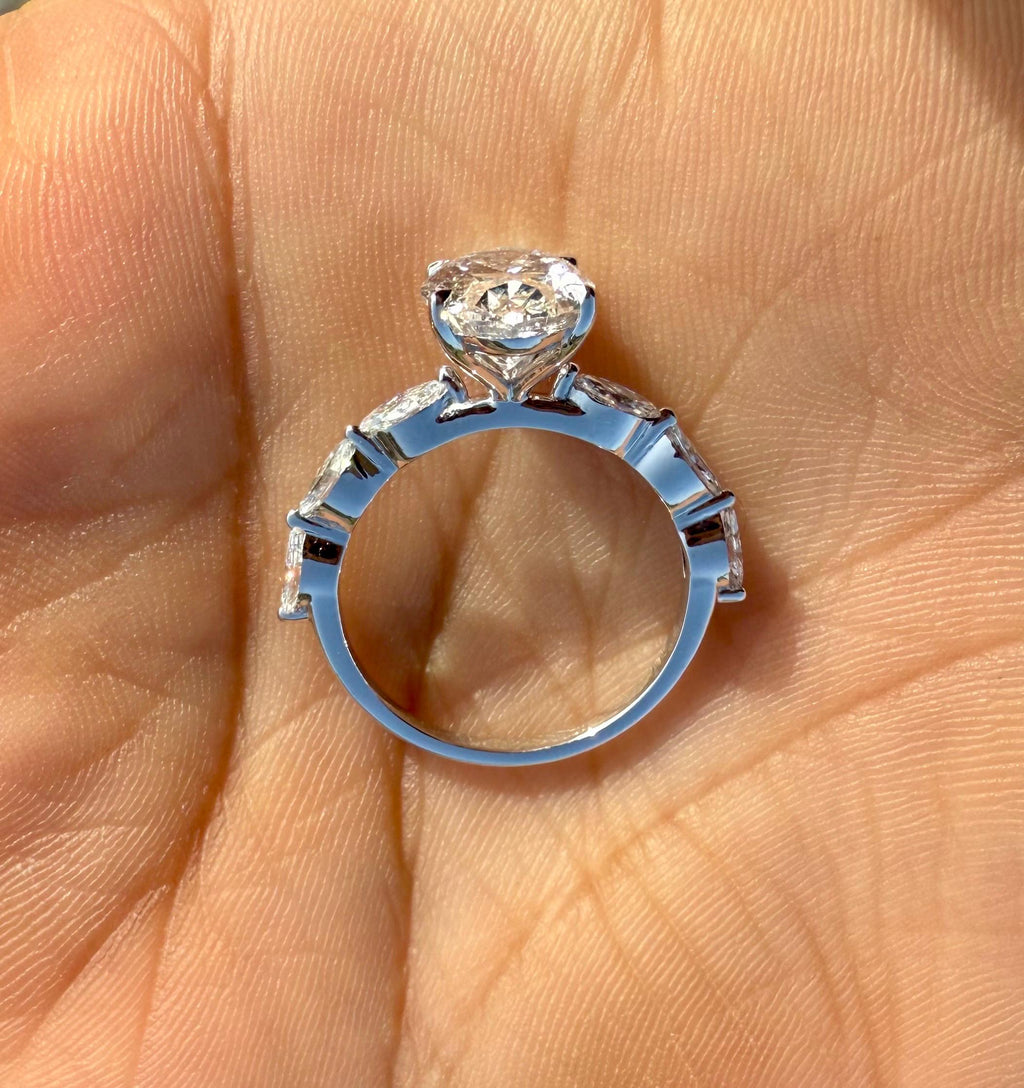 Oval Lab Grown Diamond Engagement Ring | Marquise Side Stones, 14K Gold