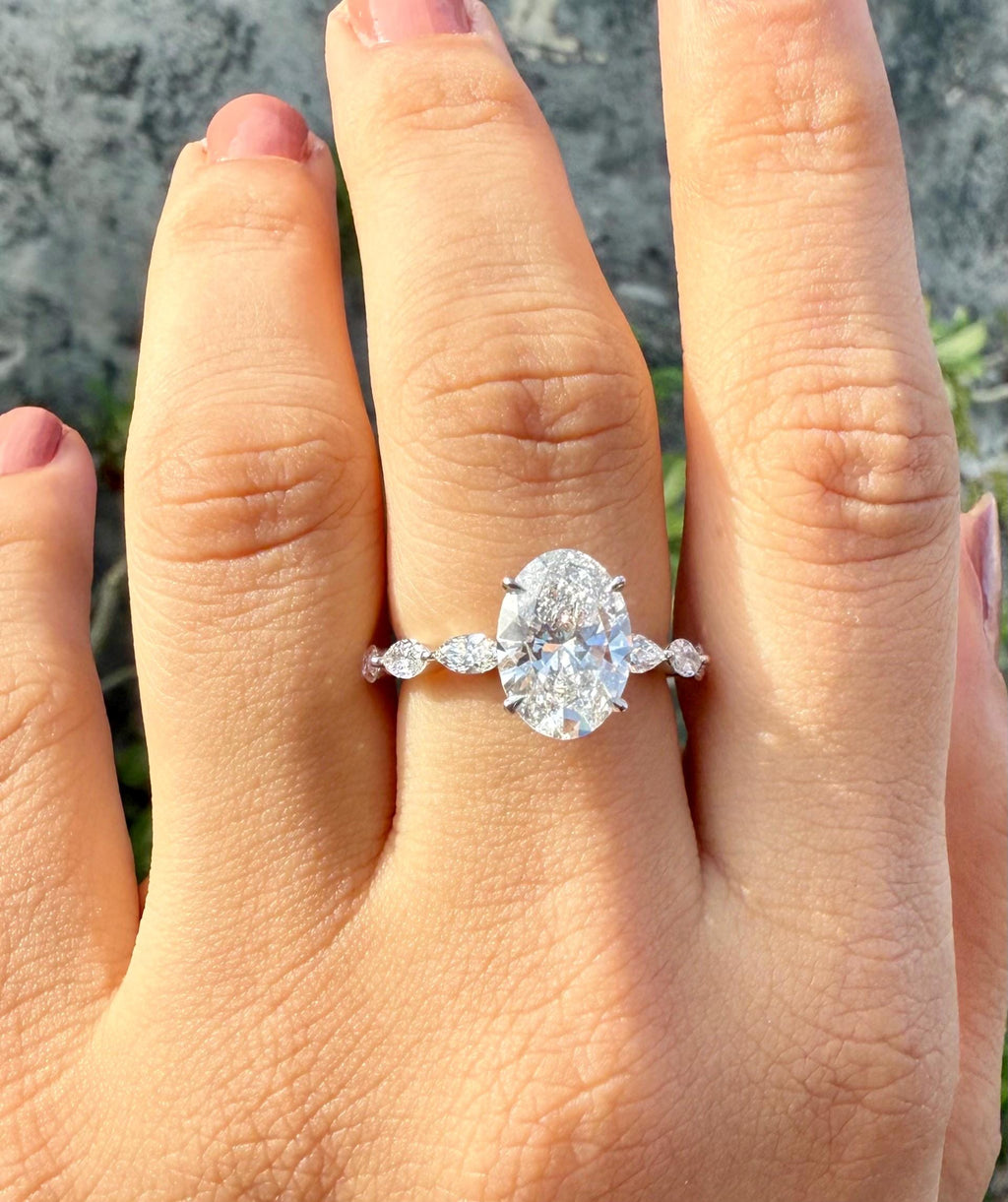 Oval Lab Grown Diamond Engagement Ring | Marquise Side Stones, 14K Gold