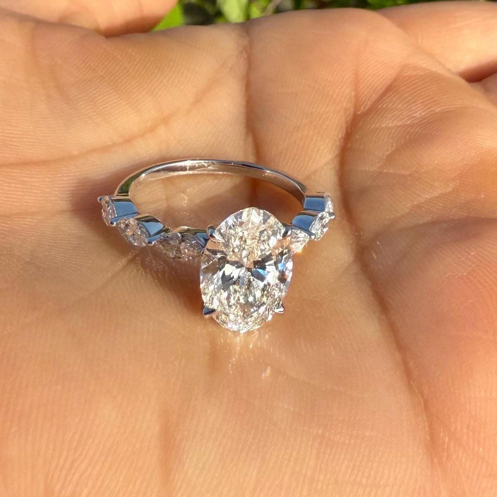 Oval Lab Grown Diamond Engagement Ring | Marquise Side Stones, 14K Gold
