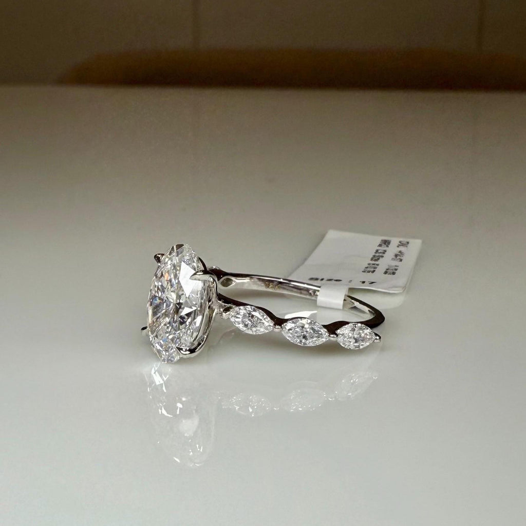 Oval Lab Grown Diamond Engagement Ring | Marquise Side Stones, 14K Gold