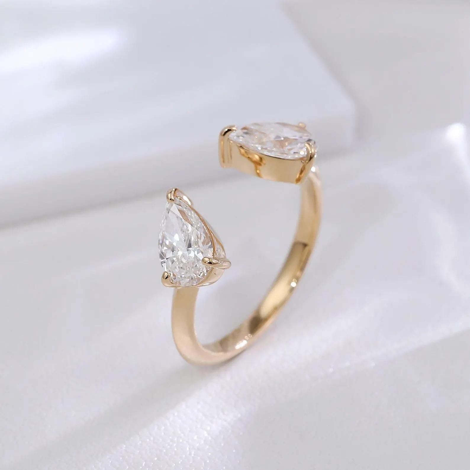 1.00CTW Pear Cut Lab Grown Diamond Open Cuff Ring | Toi et Moi 14K Gold