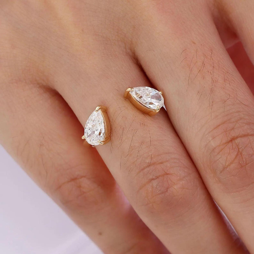 1.00CTW Pear Cut Lab Grown Diamond Open Cuff Ring | Toi et Moi 14K Gold