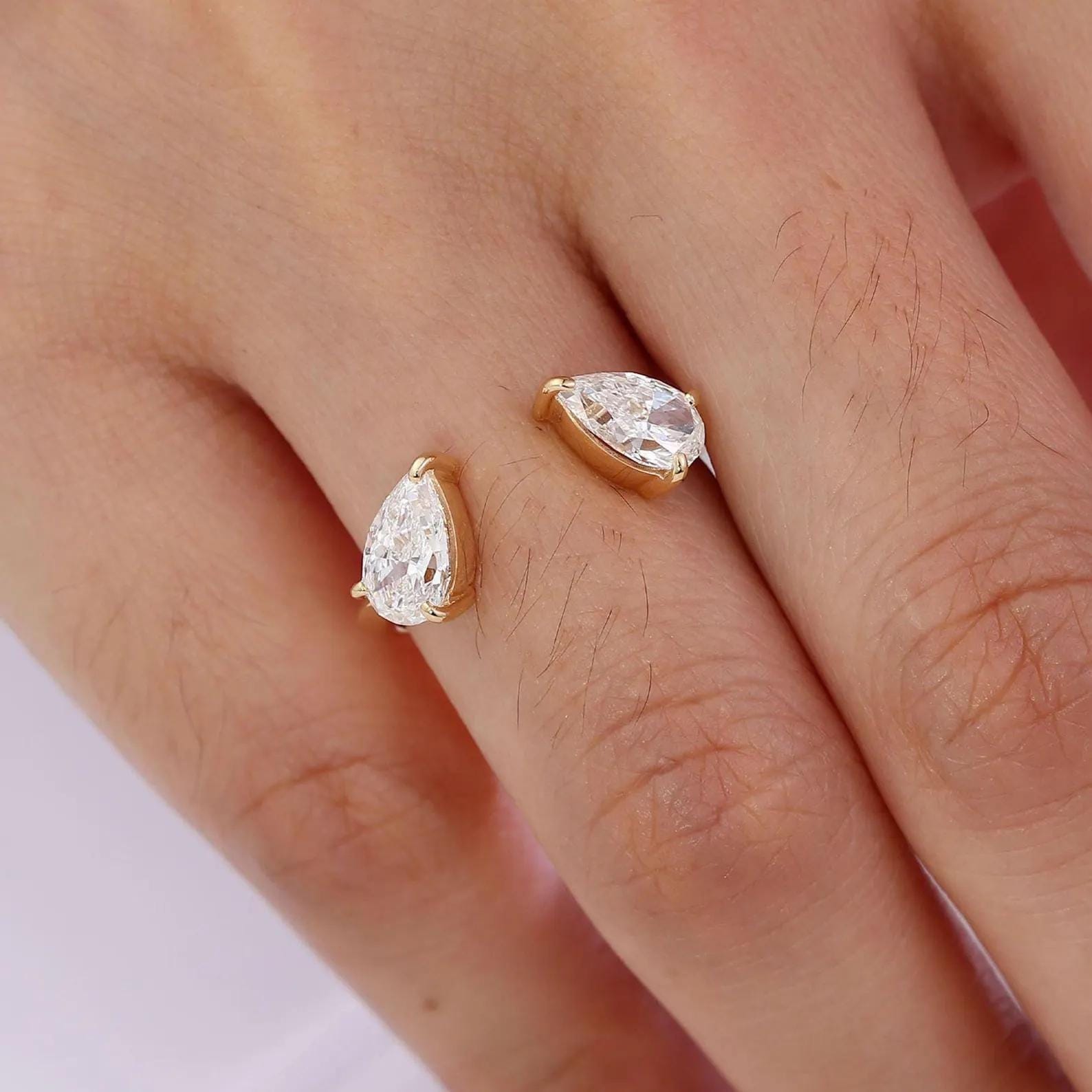 1.00CTW Pear Cut Lab Grown Diamond Open Cuff Ring | Toi et Moi 14K Gold