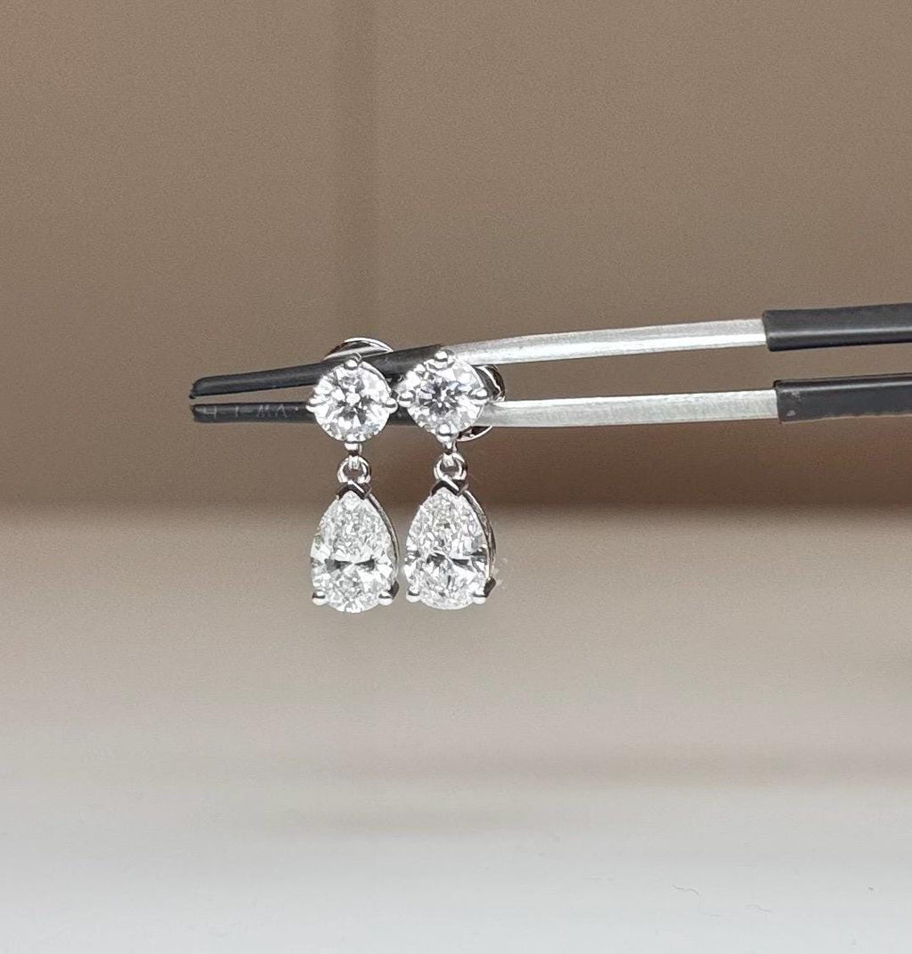 3CTW Lab Grown Diamond Drop Earrings | Round Pear Dangle 14K Gold