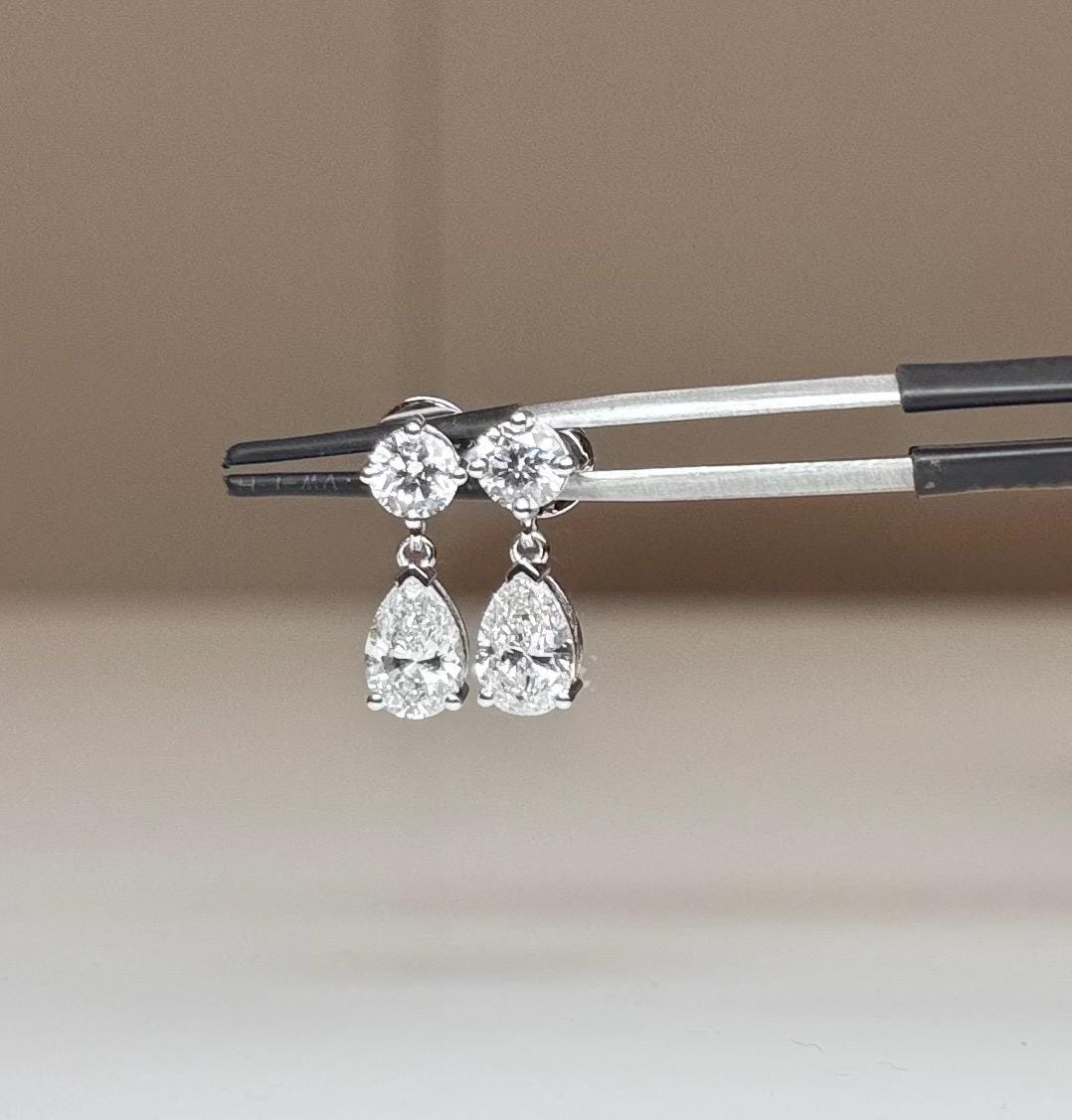3CTW Lab Grown Diamond Drop Earrings | Round Pear Dangle 14K Gold