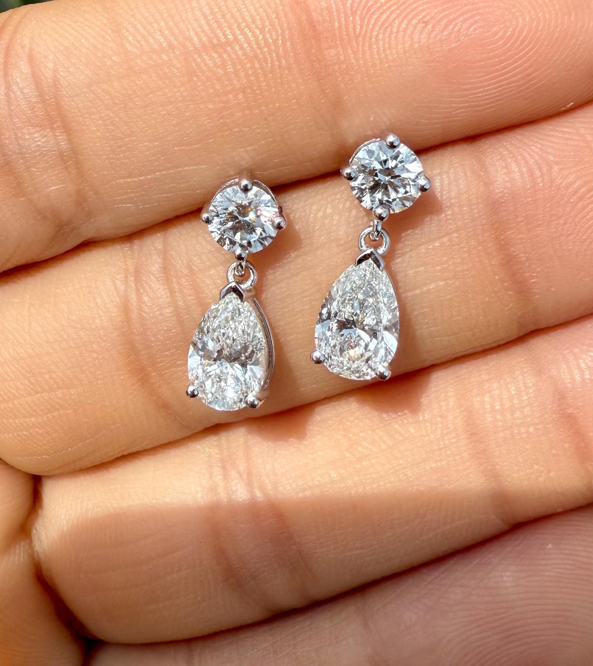 3CTW Lab Grown Diamond Drop Earrings | Round Pear Dangle 14K Gold