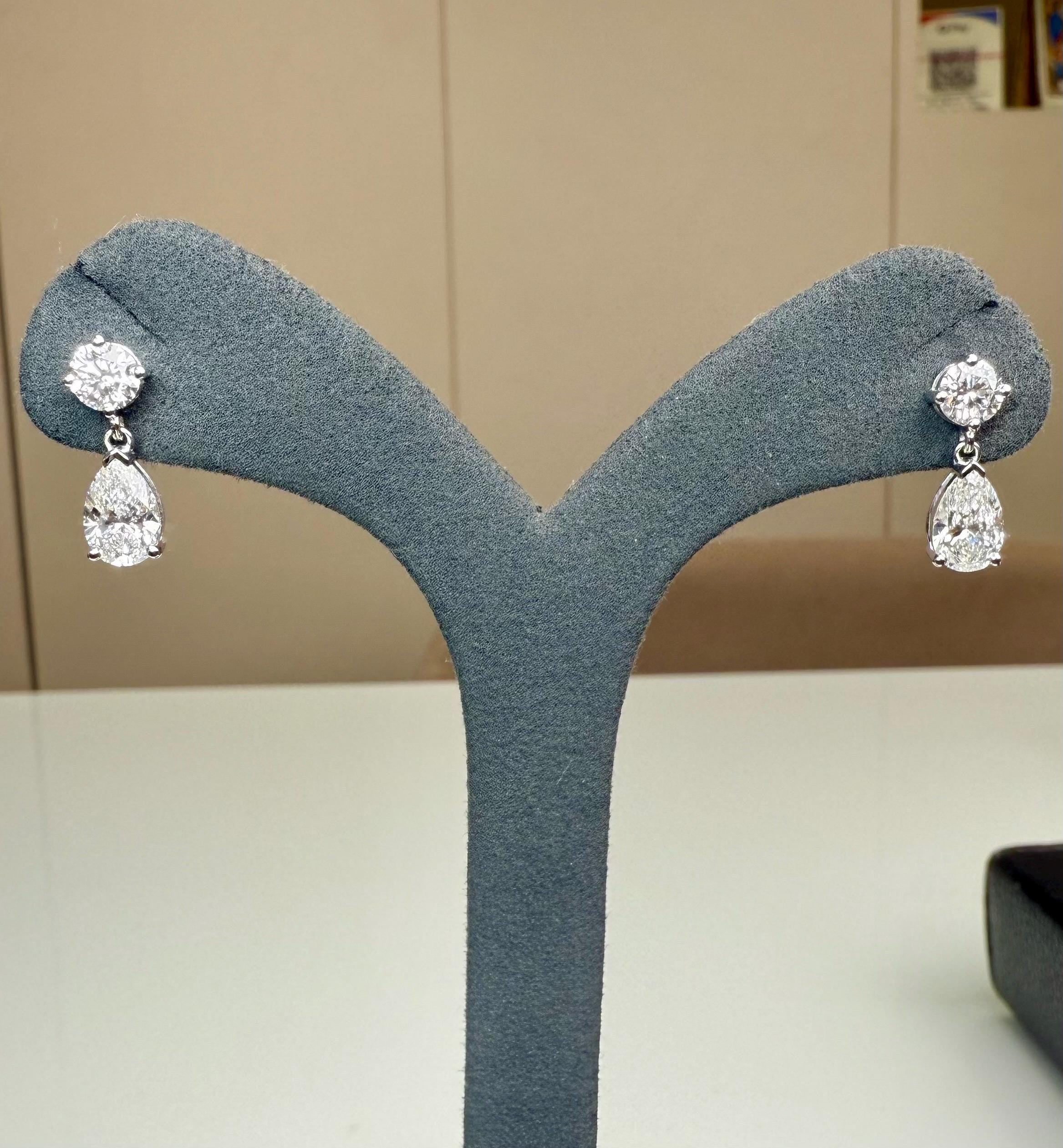 3CTW Lab Grown Diamond Drop Earrings | Round Pear Dangle 14K Gold