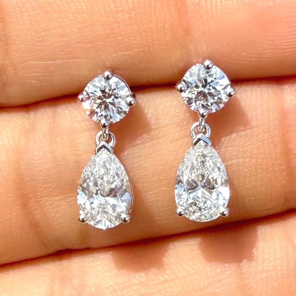 3CTW Lab Grown Diamond Drop Earrings | Round Pear Dangle 14K Gold