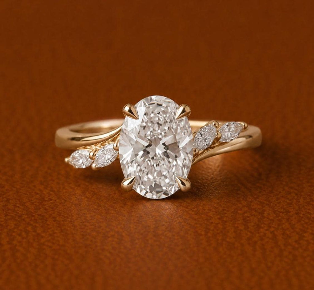 Oval Lab Grown Diamond Engagement Ring | Marquise Side Stones | 14K Gold | IGI Certified