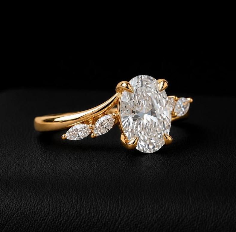 Oval Lab Grown Diamond Engagement Ring | Marquise Side Stones | 14K Gold | IGI Certified