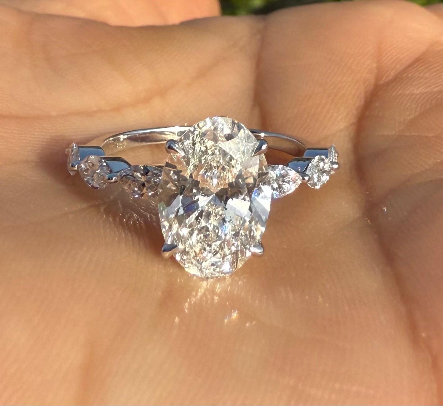 Oval Lab Grown Diamond Engagement Ring | Marquise Side Stones, 14K Gold