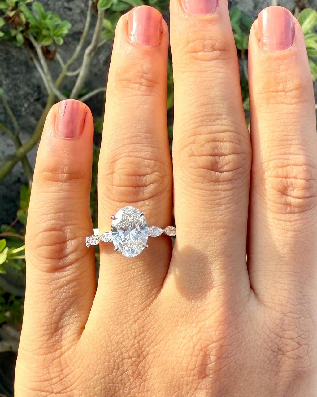 Oval Lab Grown Diamond Engagement Ring | Marquise Side Stones, 14K Gold