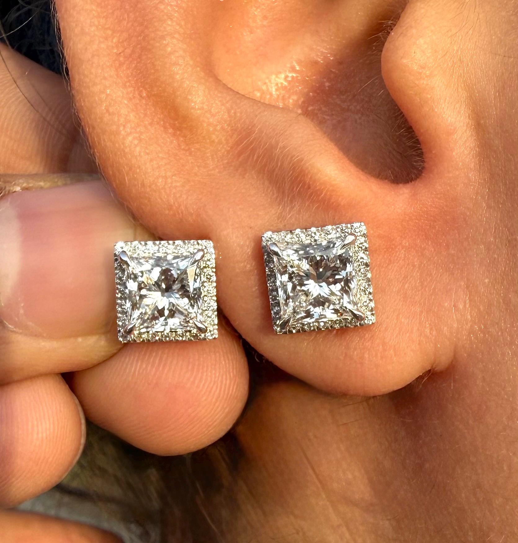 Lab Grown Princess Cut Diamond Halo Stud Earrings | 3.20CTW IGI Certified 14K Gold Pair
