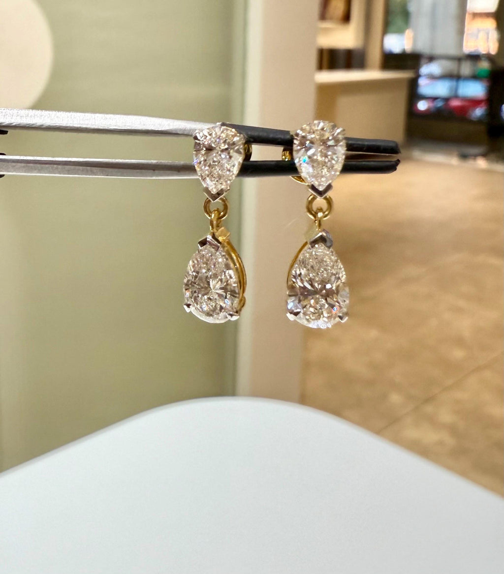 3CTW Pear Lab Grown Diamond Dangle Earrings | 14K Gold Bridal Jewelry