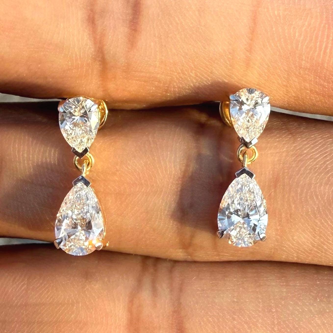 3CTW Pear Lab Grown Diamond Dangle Earrings | 14K Gold Bridal Jewelry