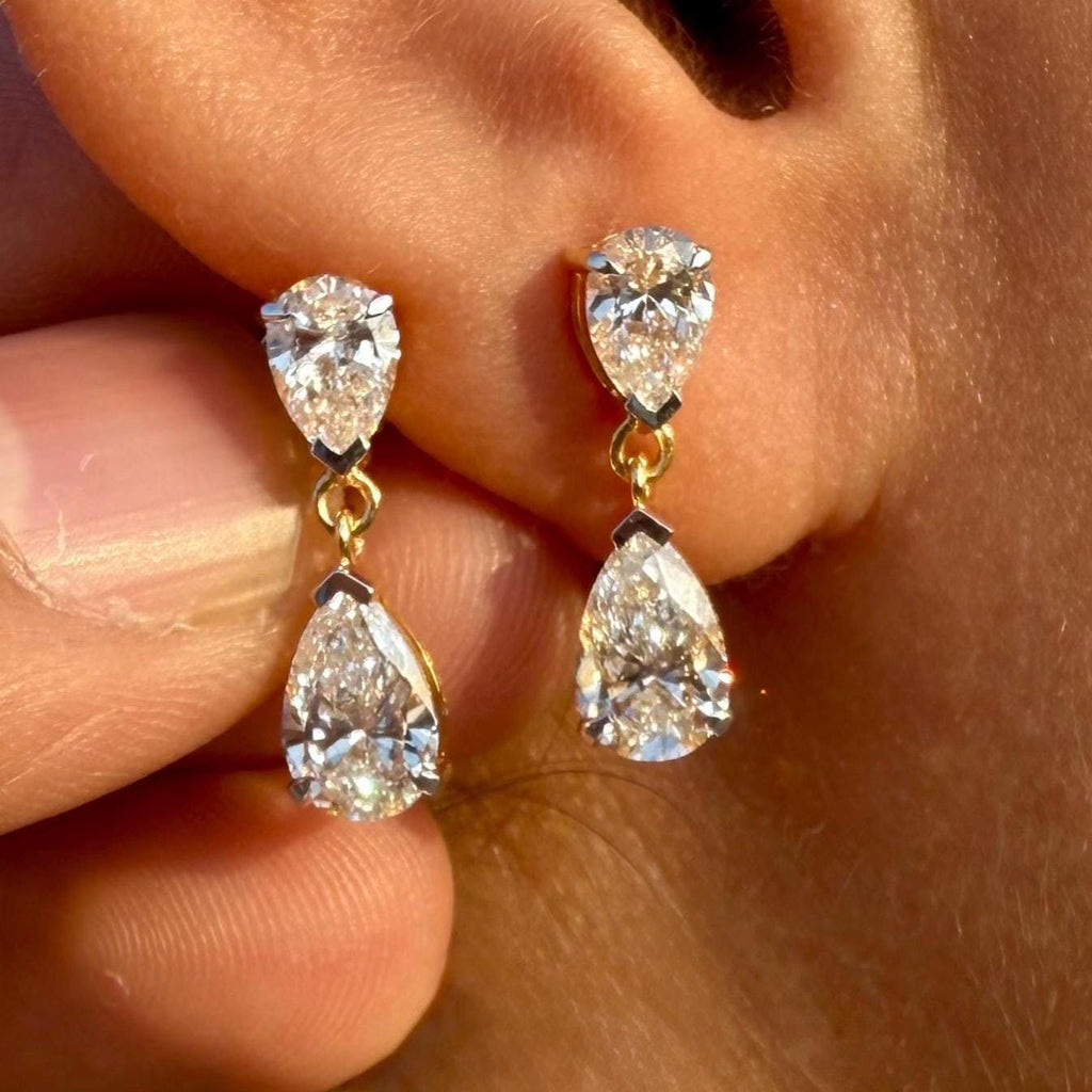 3CTW Pear Lab Grown Diamond Dangle Earrings | 14K Gold Bridal Jewelry