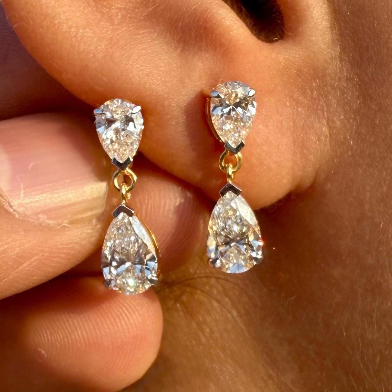 3CTW Pear Lab Grown Diamond Dangle Earrings | 14K Gold Bridal Jewelry