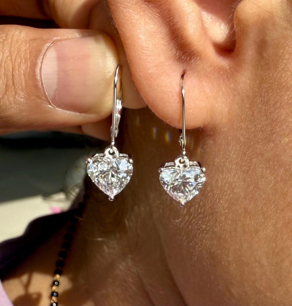 14K Solid Gold Heart Lab Grown Diamond Dangle Earrings: IGI Certified