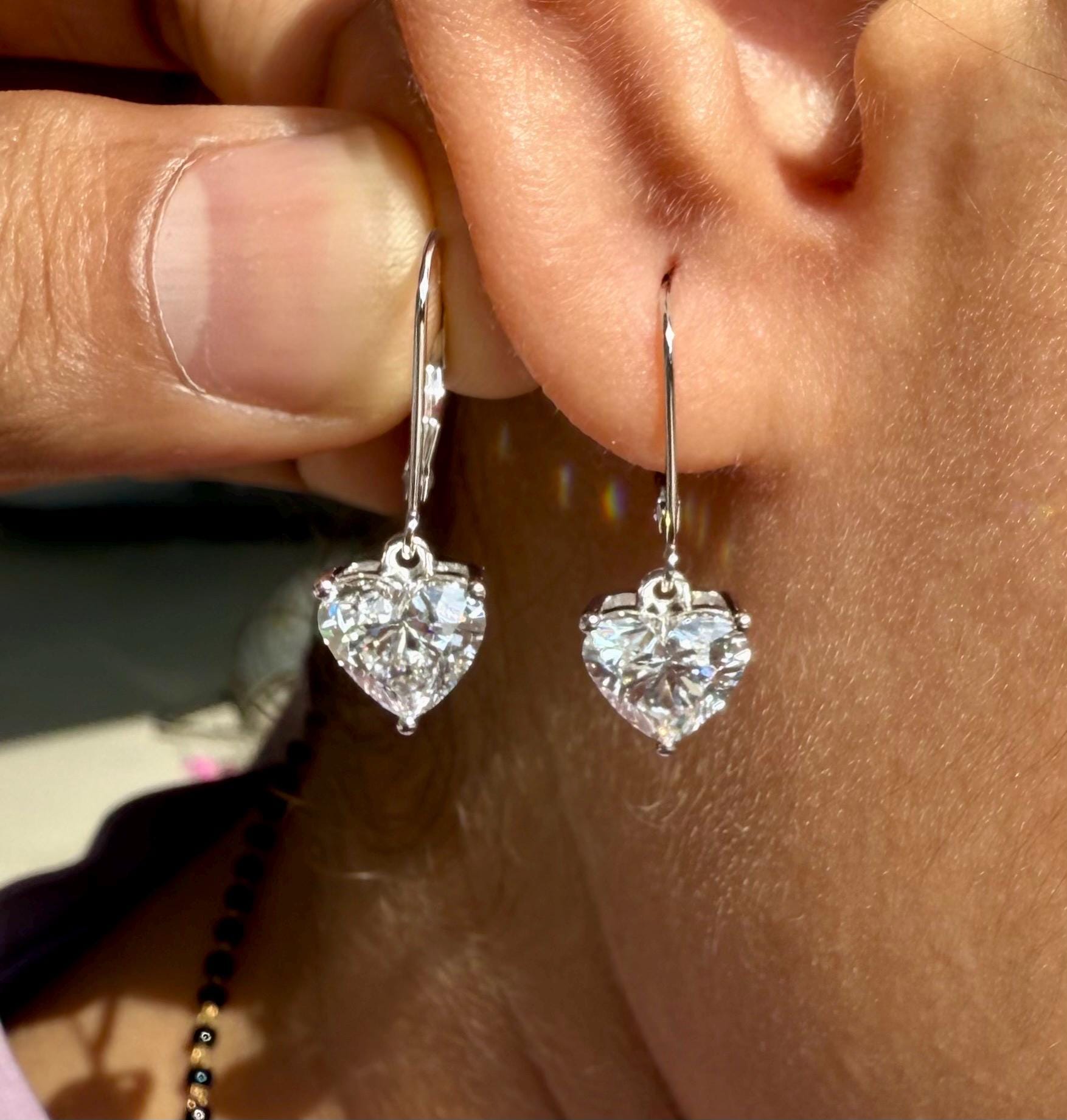 14K Solid Gold Heart Lab Grown Diamond Dangle Earrings: IGI Certified