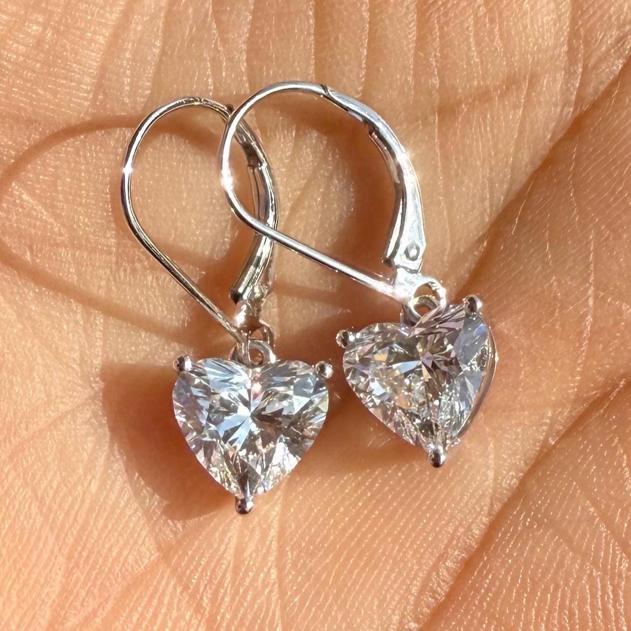14K Solid Gold Heart Lab Grown Diamond Dangle Earrings: IGI Certified