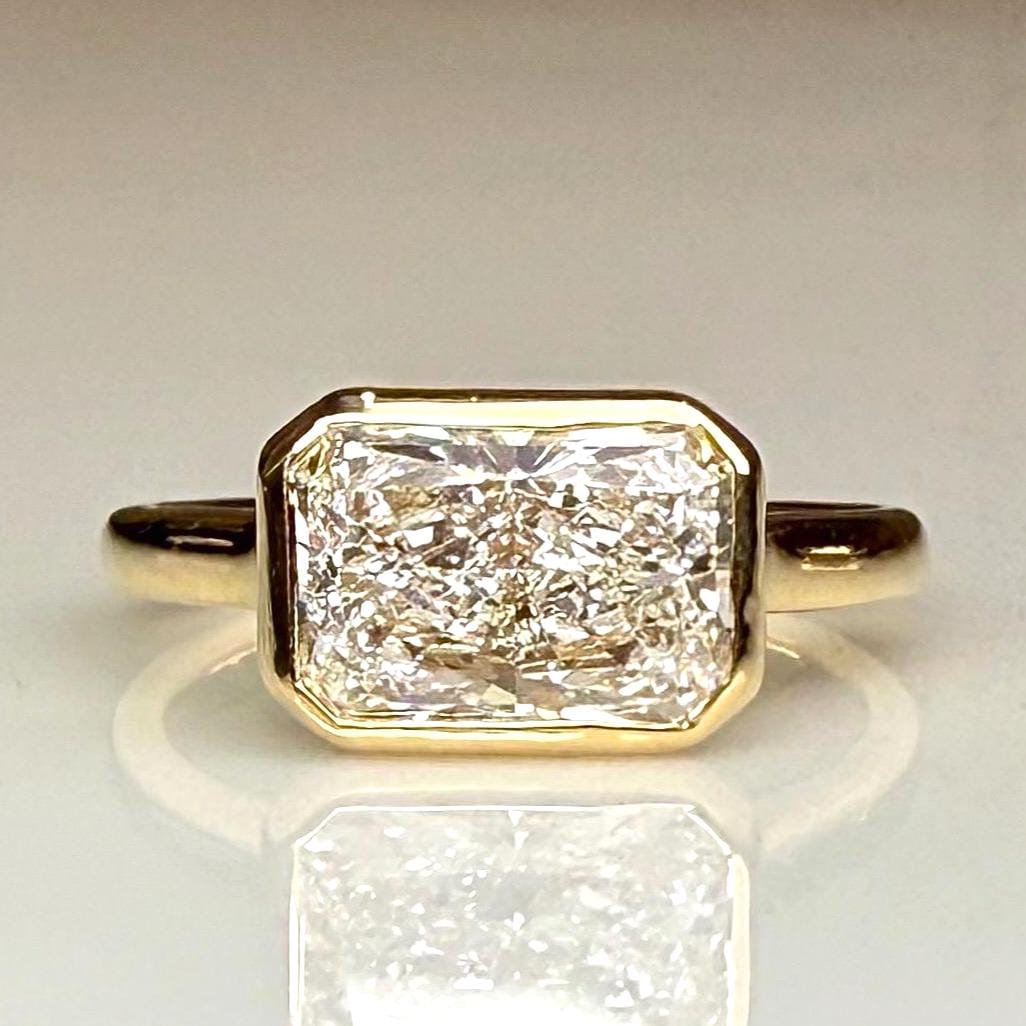 2CT Radiant Cut Lab Diamond East West Bezel Ring | 14K Solid Gold IGI Certified E VS