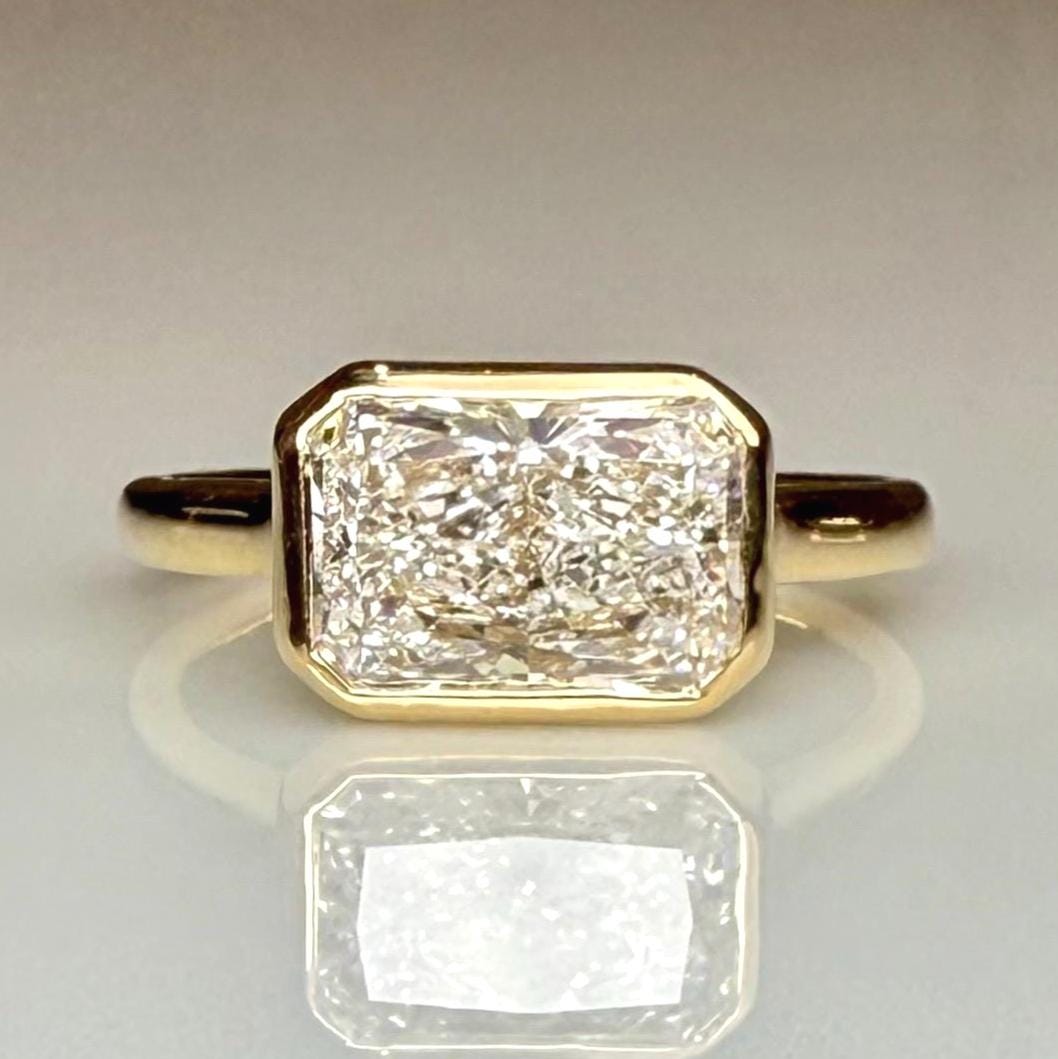 2CT Radiant Cut Lab Diamond East West Bezel Ring | 14K Solid Gold IGI Certified E VS