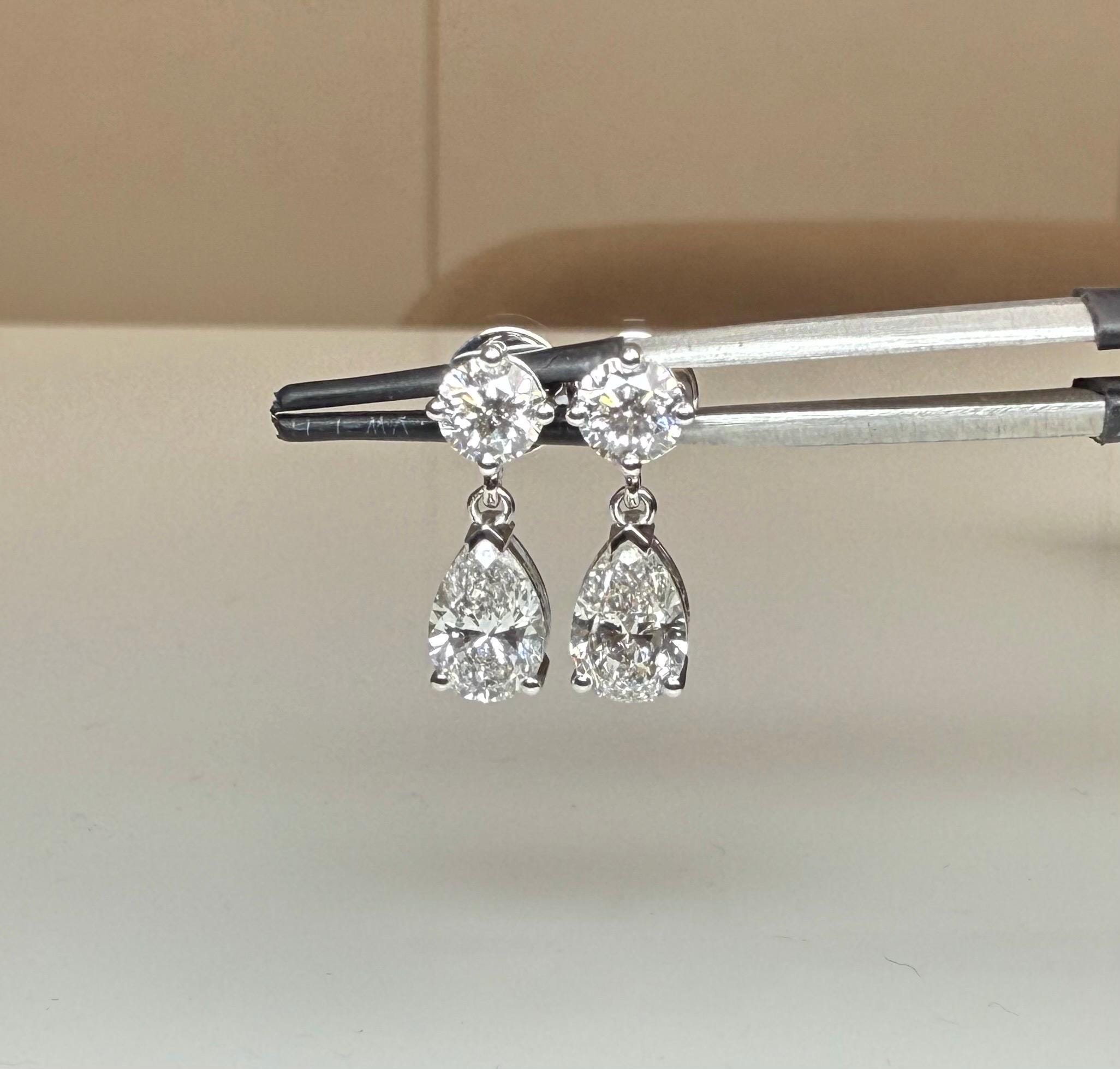 3CTW Lab Grown Diamond Drop Earrings | Round Pear Dangle 14K Gold