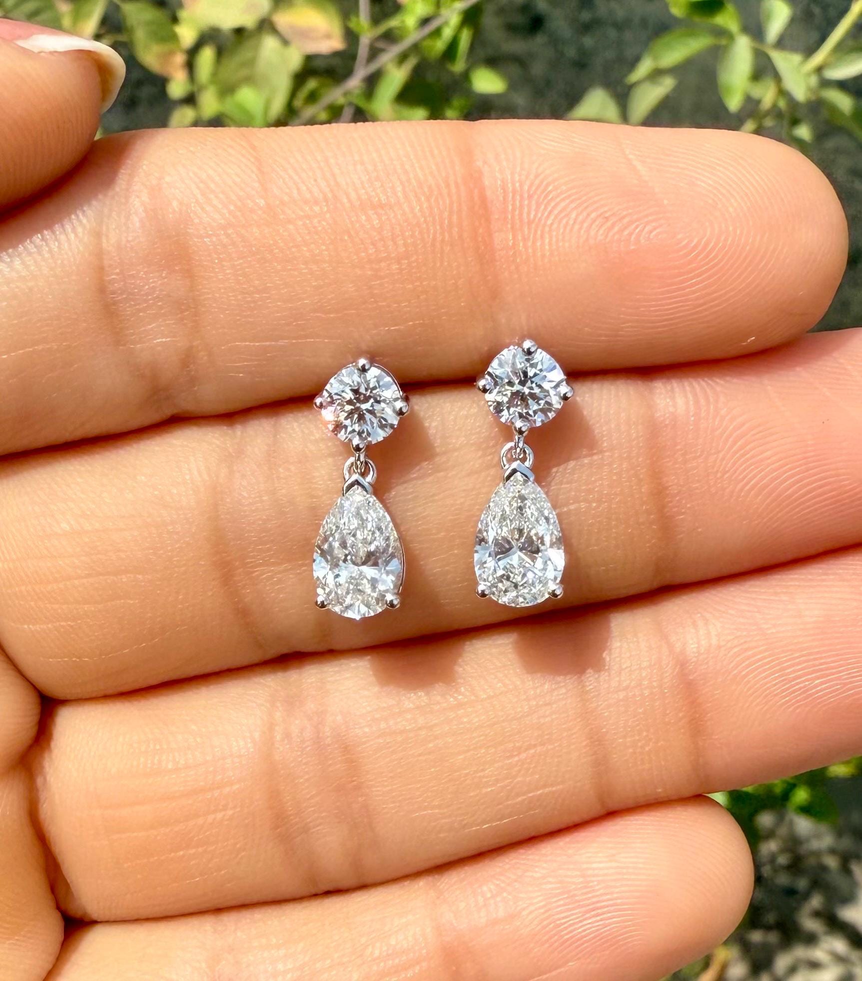 3CTW Lab Grown Diamond Drop Earrings | Round Pear Dangle 14K Gold
