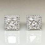 Lab Grown Princess Cut Diamond Halo Stud Earrings | 3.20CTW IGI Certified 14K Gold Pair