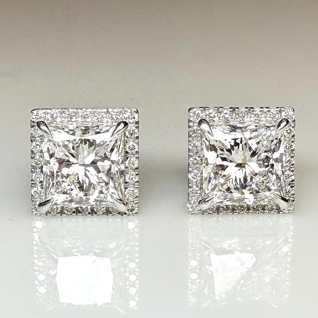 Lab Grown Princess Cut Diamond Halo Stud Earrings | 3.20CTW IGI Certified 14K Gold Pair