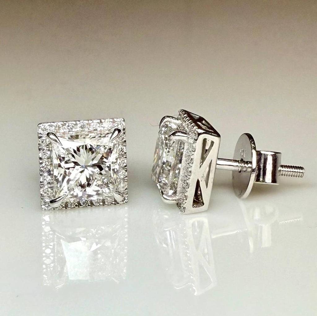 Lab Grown Princess Cut Diamond Halo Stud Earrings | 3.20CTW IGI Certified 14K Gold Pair