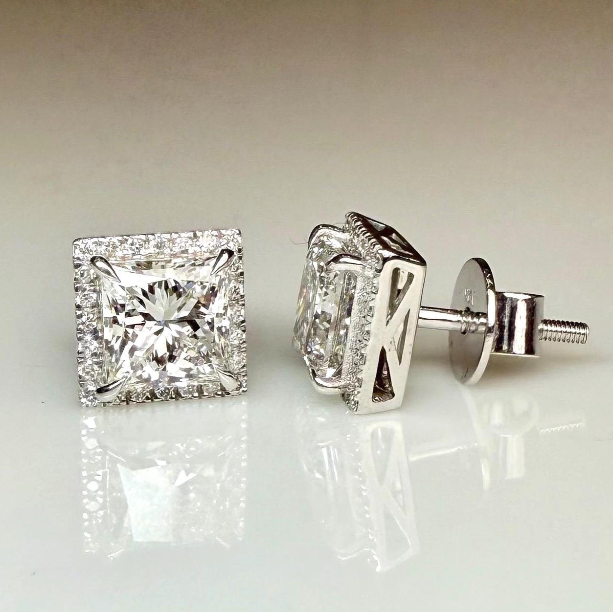 Lab Grown Princess Cut Diamond Halo Stud Earrings | 3.20CTW IGI Certified 14K Gold Pair