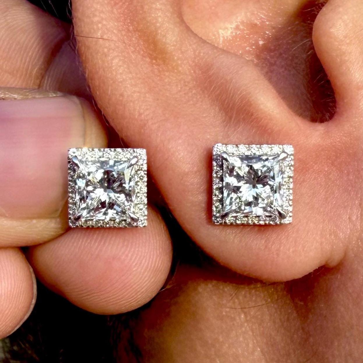 Lab Grown Princess Cut Diamond Halo Stud Earrings | 3.20CTW IGI Certified 14K Gold Pair