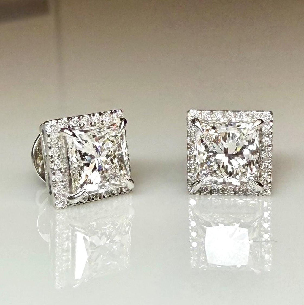 Lab Grown Princess Cut Diamond Halo Stud Earrings | 3.20CTW IGI Certified 14K Gold Pair