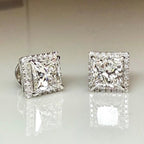 Lab Grown Princess Cut Diamond Halo Stud Earrings | 3.20CTW IGI Certified 14K Gold Pair