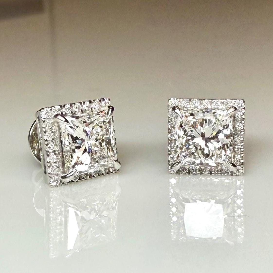 Lab Grown Princess Cut Diamond Halo Stud Earrings | 3.20CTW IGI Certified 14K Gold Pair