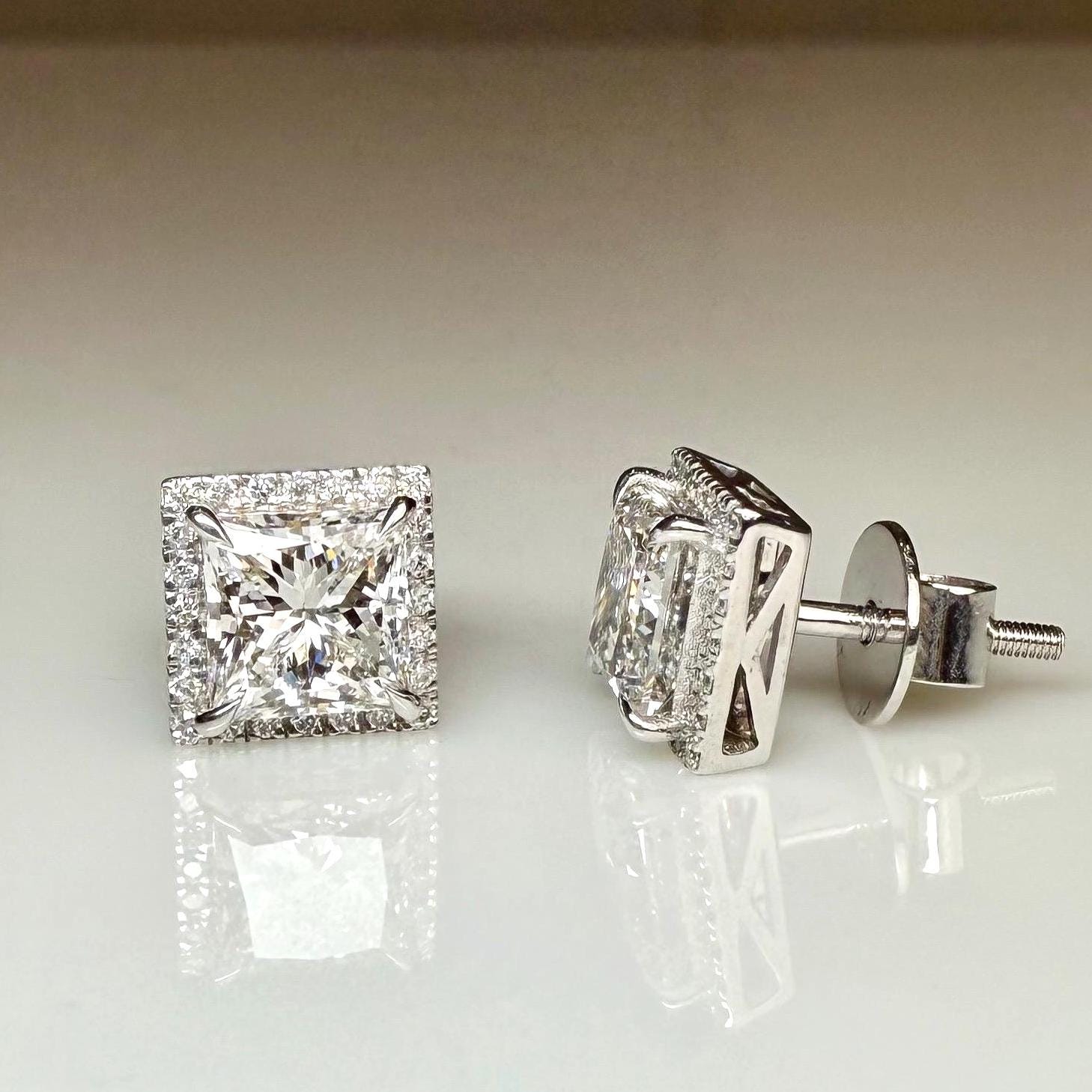 Lab Grown Princess Cut Diamond Halo Stud Earrings | 3.20CTW IGI Certified 14K Gold Pair