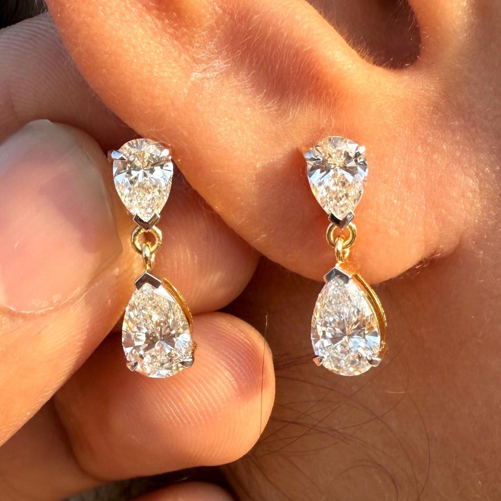 3CTW Pear Lab Grown Diamond Dangle Earrings | 14K Gold Bridal Jewelry