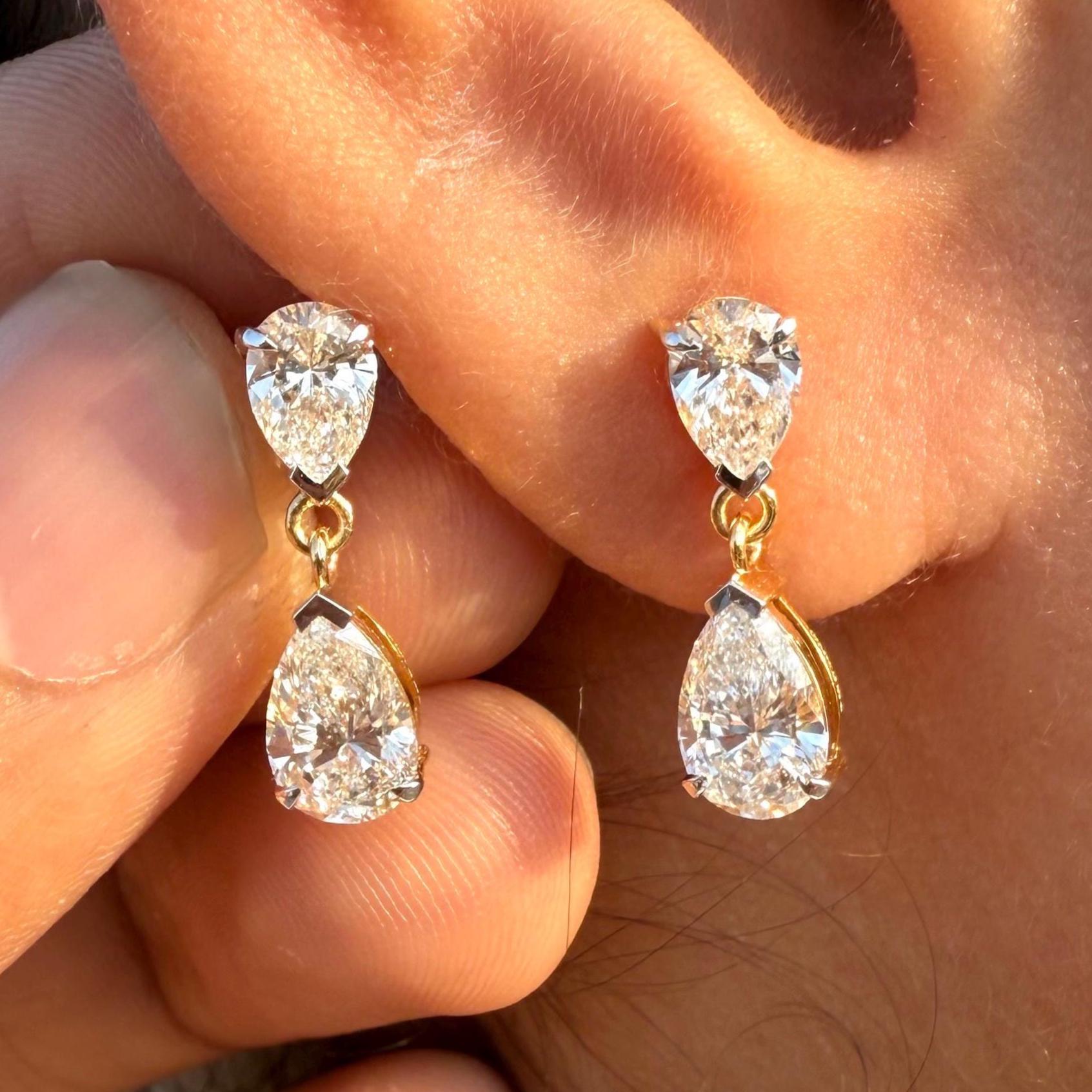 3CTW Pear Lab Grown Diamond Dangle Earrings | 14K Gold Bridal Jewelry